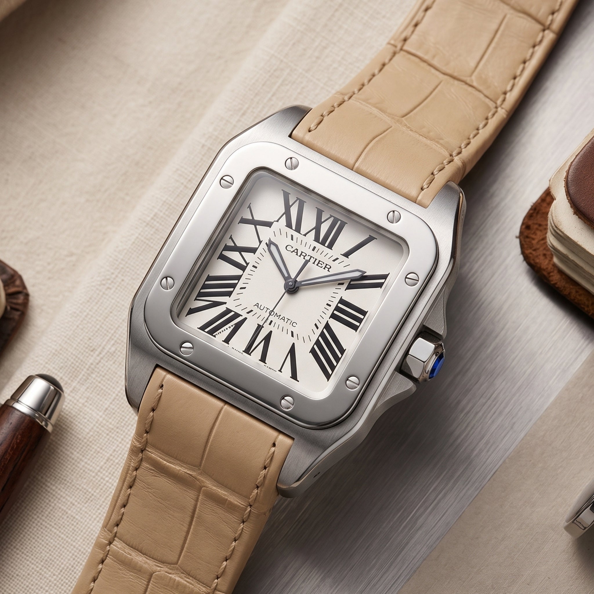 Leder Armband - für Cartier Santos 100 - Beige - Helvetus
