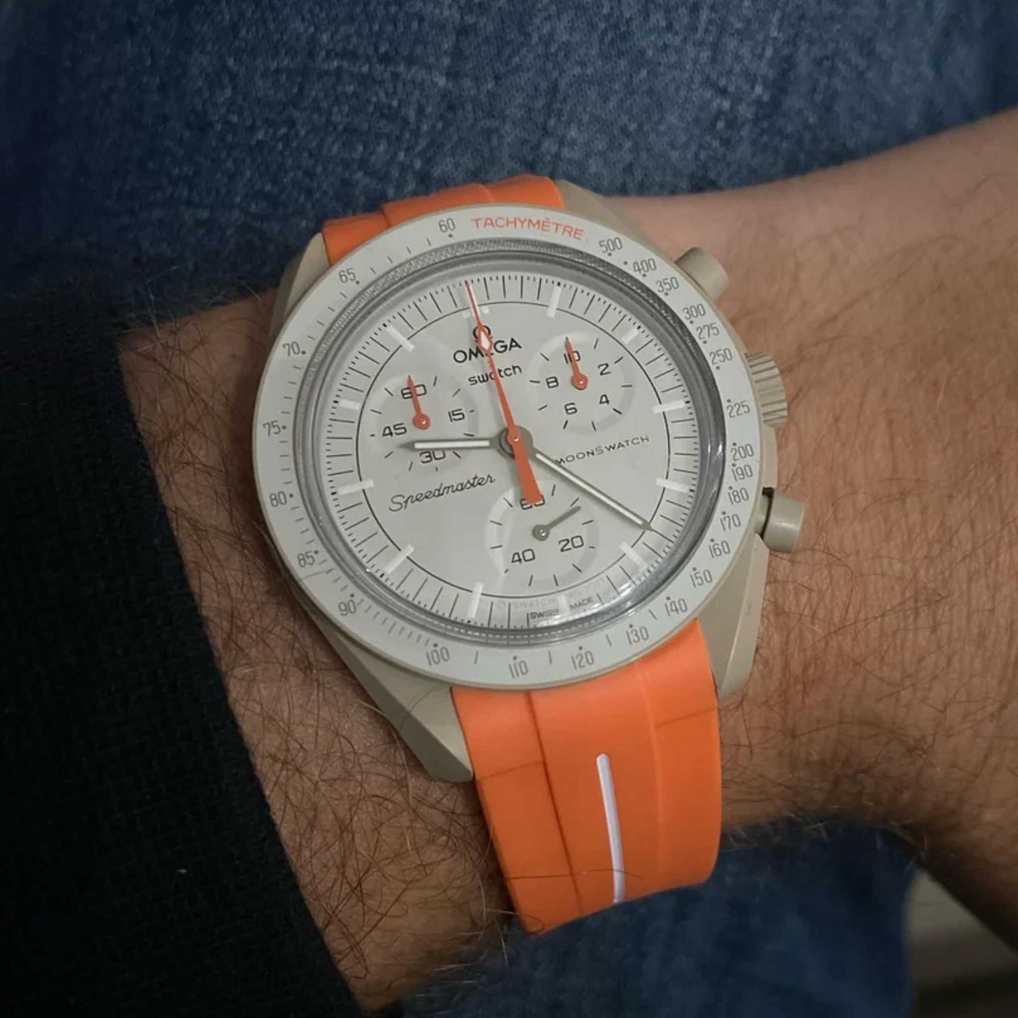 Rubber Strap - For Mission to Jupiter | Omega X Swatch | MoonSwatch - Orange w/White Line - Helvetus