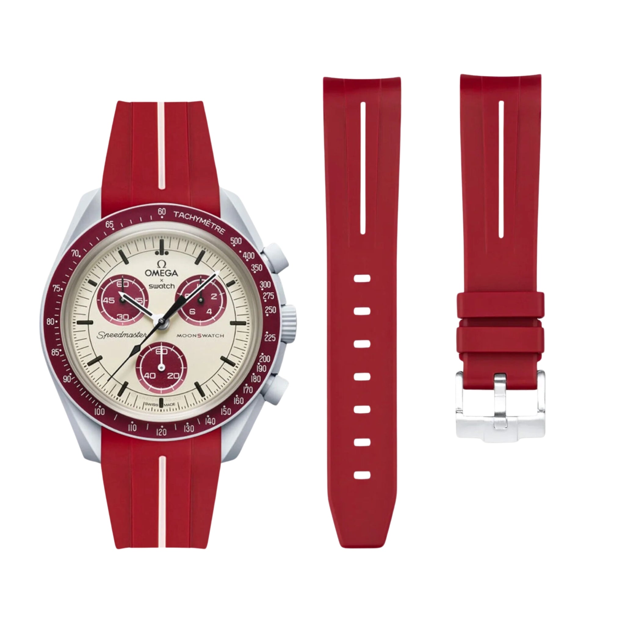 Rubber Strap - For Mission to Pluto | Omega X Swatch | MoonSwatch - Red w/White Line - Helvetus