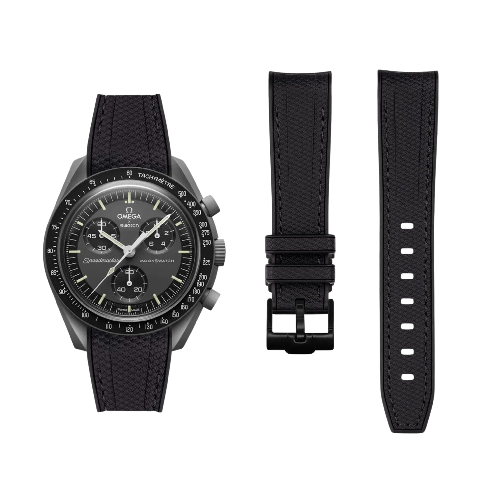 Rubber Strap - For Mission to the Moonphase - New Moon/Snoopy | Omega X Swatch | MoonSwatch - Black w/Black - Helvetus