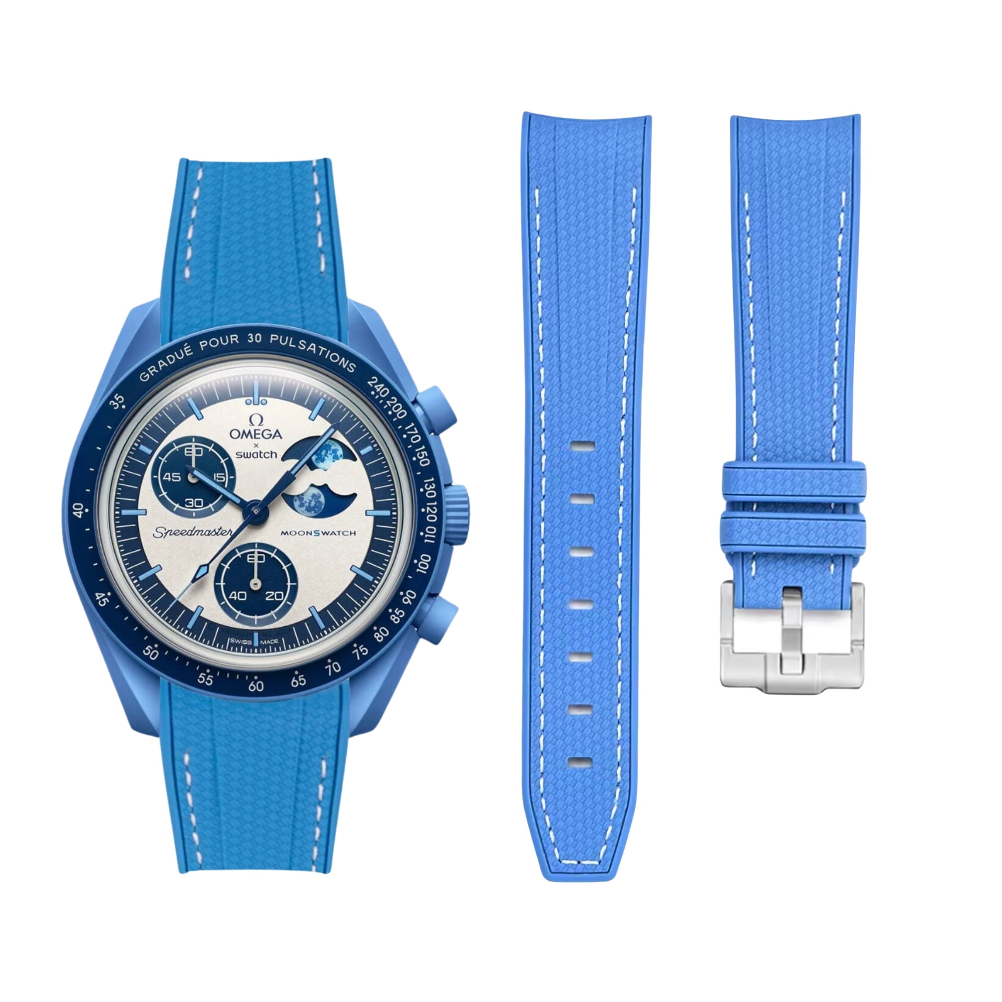 Rubber Strap - For Mission to the Super Blue Moonphase | MoonSwatch - Light Blue w/White - Helvetus