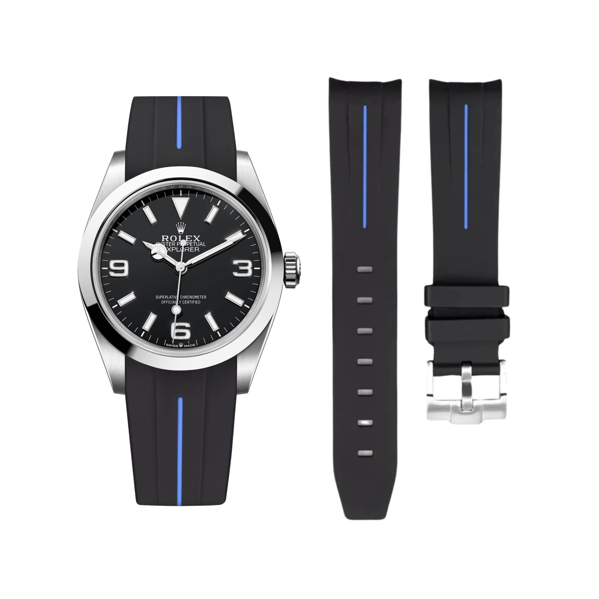 Rubber Strap - For Rolex Explorer I - Black w/Blue Line | LuxLine® - Helvetus