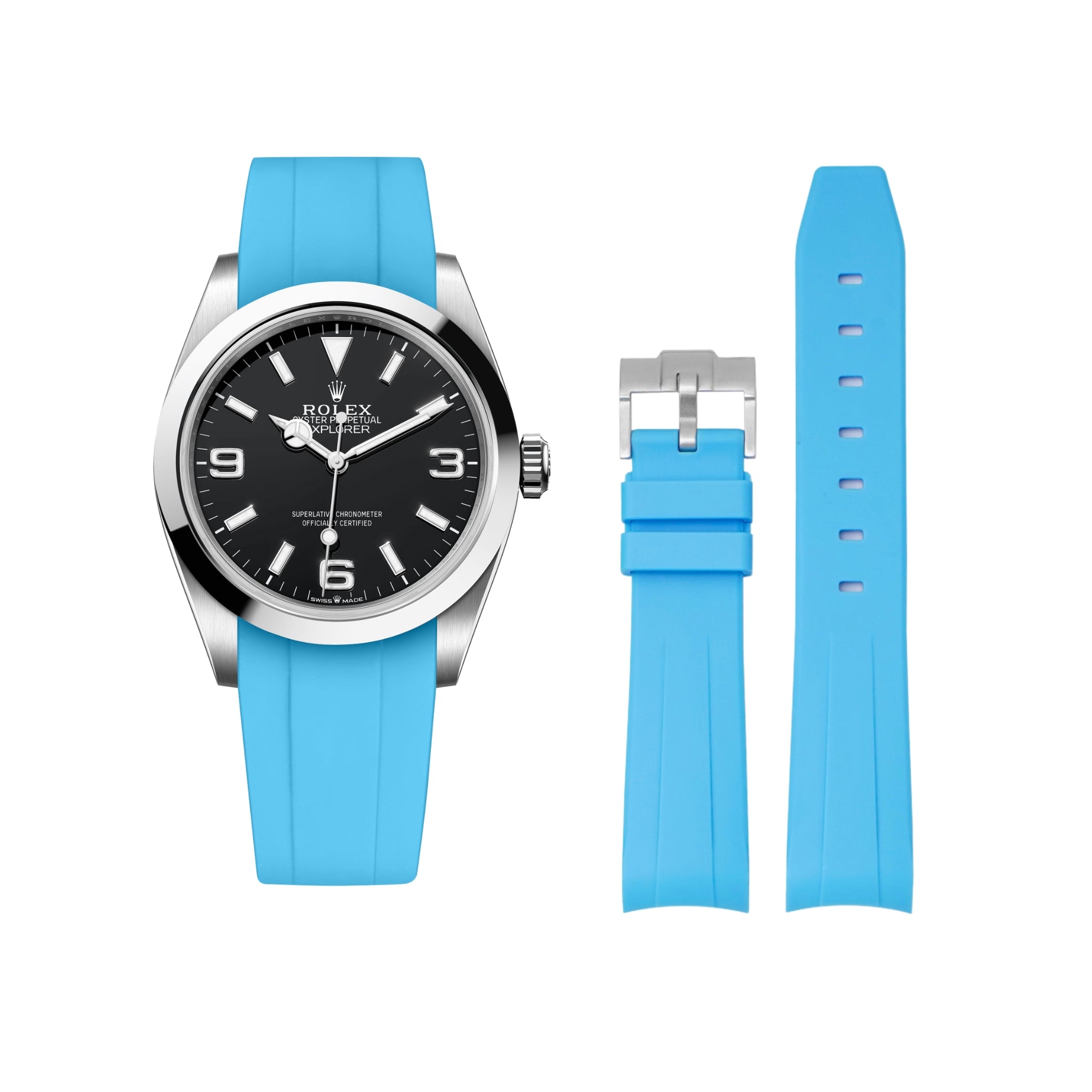 Rubber Strap - For Rolex Explorer I - Light Blue - Helvetus