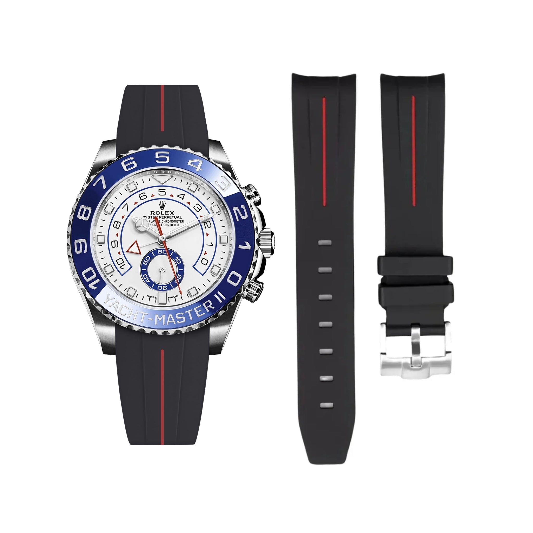 Rubber Strap - For Rolex Yacht - Master II - Black w/Red Line | LuxLine® - Helvetus